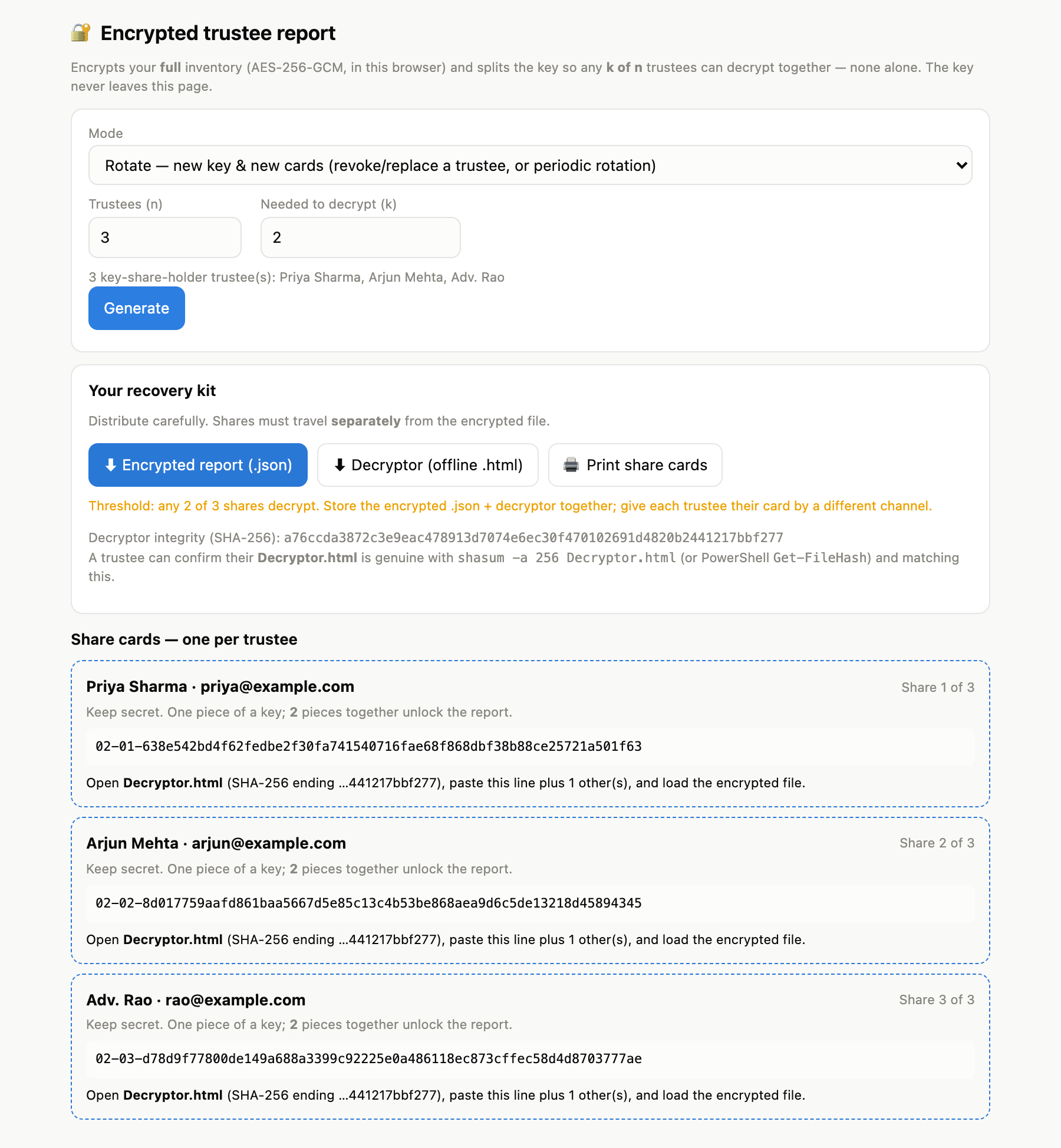 Generating the encrypted report and share cards