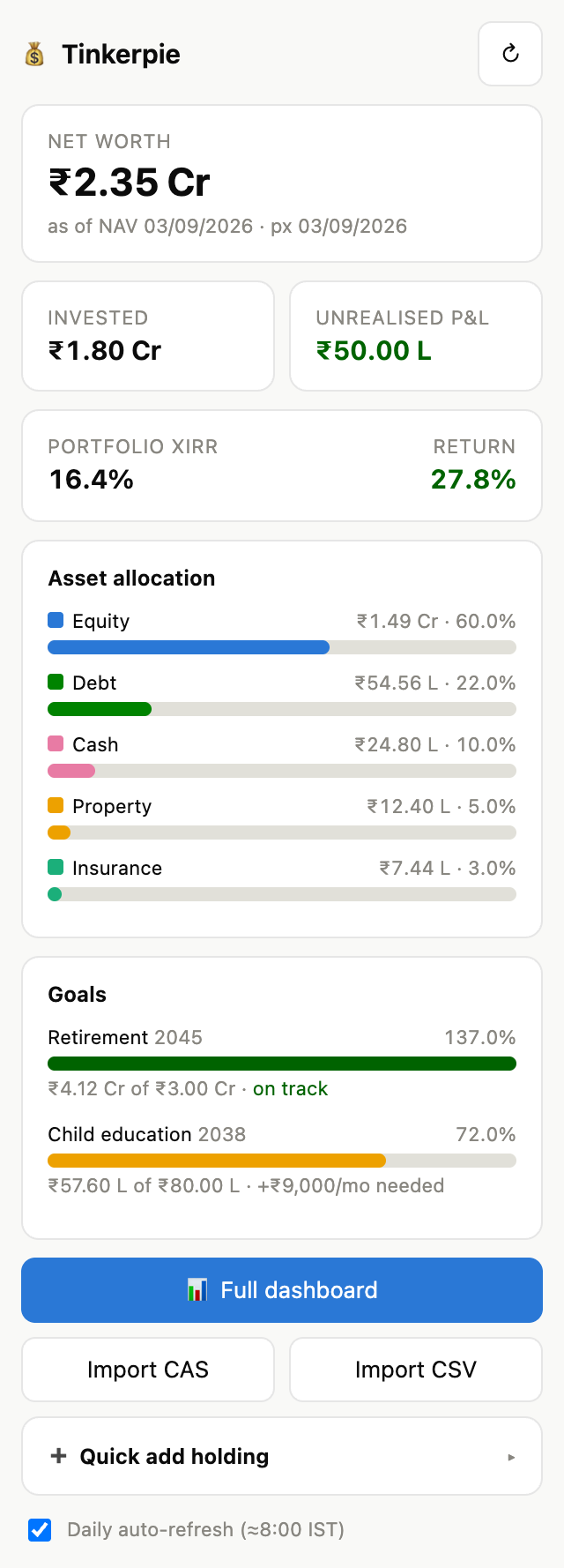The sidebar โ net worth, allocation and goals inside your sheet